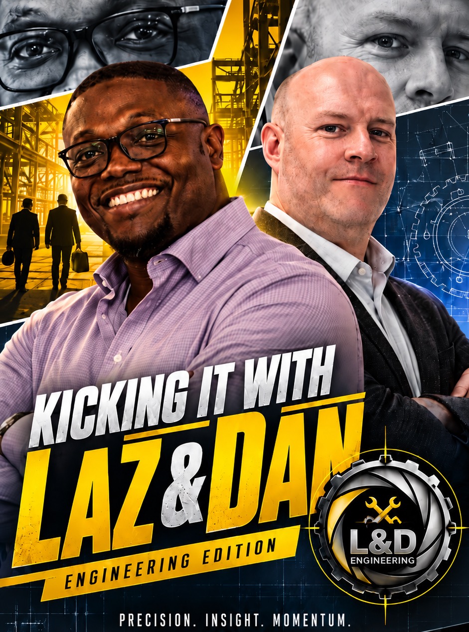 Kicking It with Laz & Dan — Engineering Edition. Podcast artwork featuring Laz and Daniel Waller, with the L&D Engineering logo and the words Precision. Insight. Momentum.